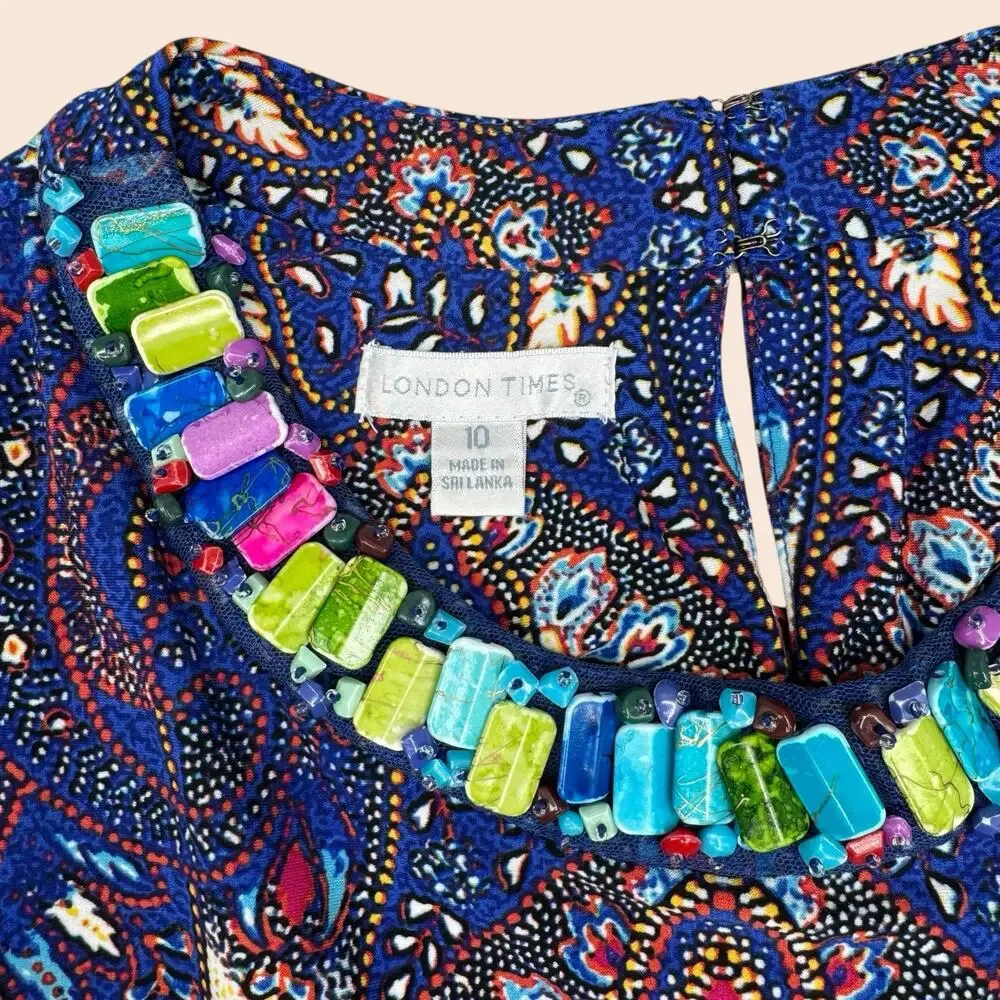 Boho Paisley Beaded Neck Cocktail Sheath Dress Teal Multi Size 10